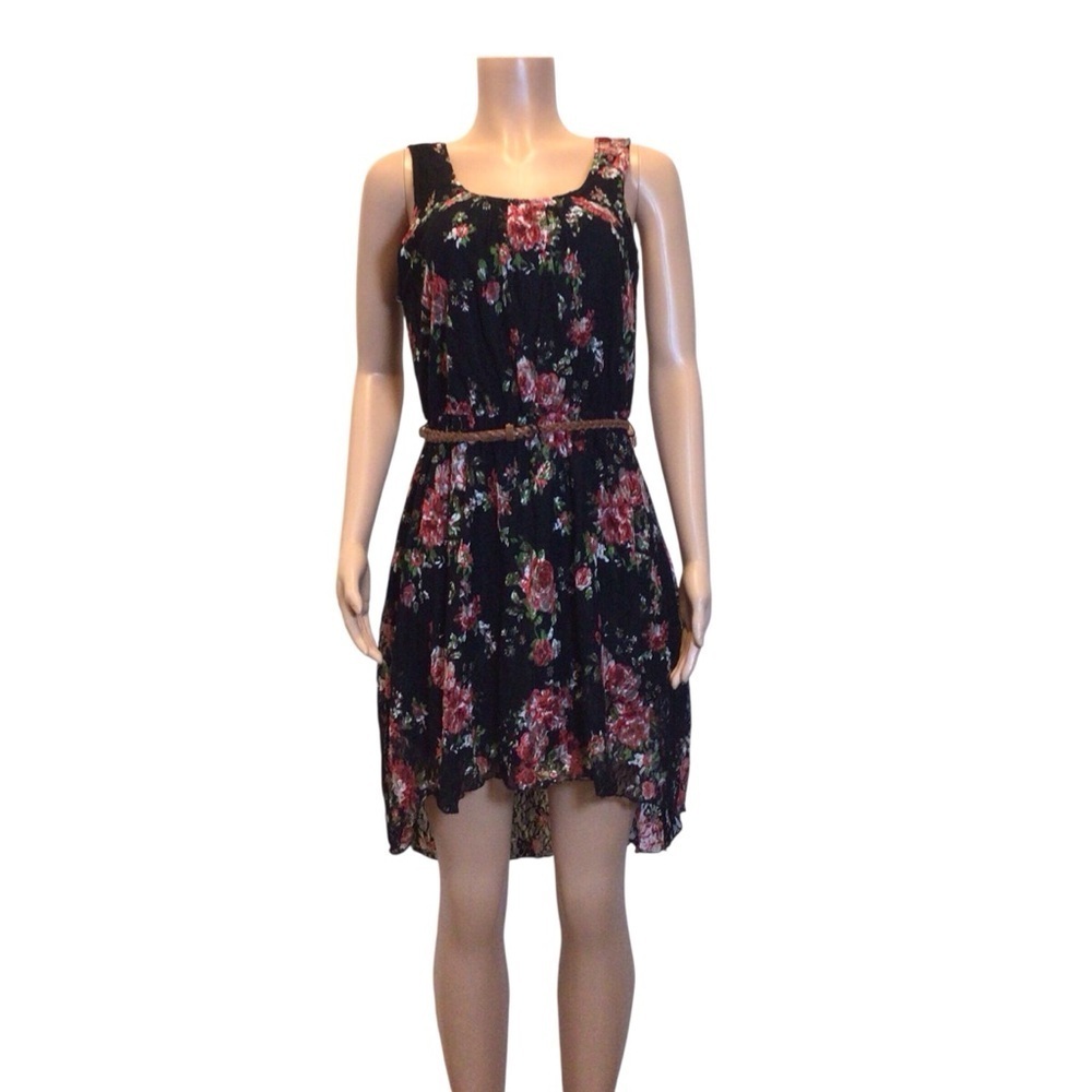 No Boundaries NOBO Juniors Black Floral Sleeveless Belted High Low Dress Size L